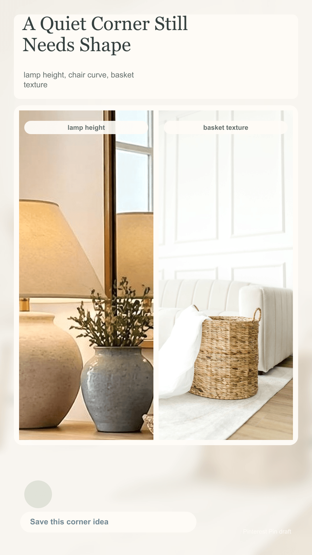 Pinterest pin: Quiet Corner with lamp and basket