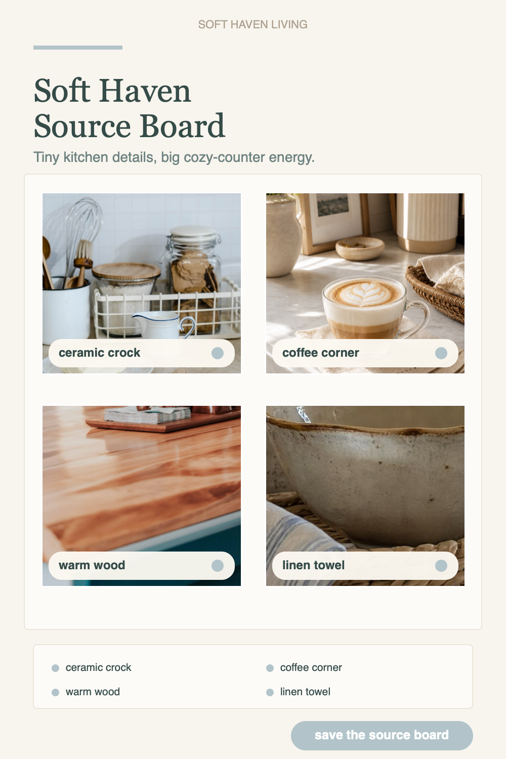 Pin 4 source board V5 with coffee corner label, linen towel image, and swapped warm wood tile