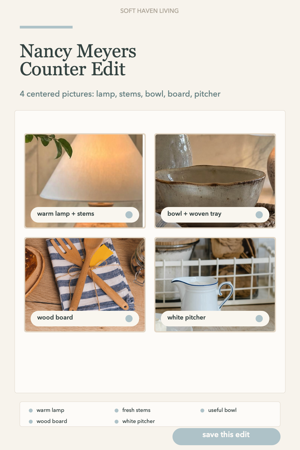 Pin 5 counter decor edit V5 with panned-out top photos and four unique pictures: lamp/stems, bowl/woven tray, wood board, and white pitcher
